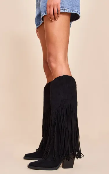 Black Faux Suede Point Toe Fringed Heel Knee High Western Boots
