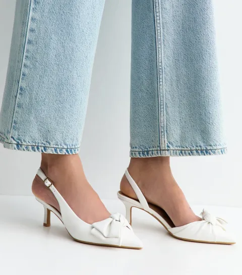 White Faux Leather Bow Slingback Court Shoes Vegan