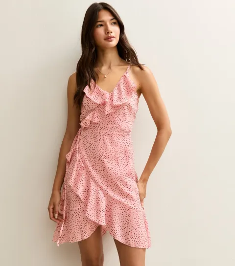 Pink Polka Dot Frilly Trimmed Wrap Mini Dress