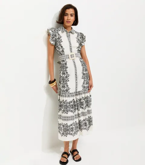 Cream Floral Border Print Buckle Detail Shirt Dress