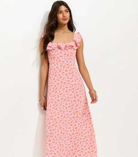 Light Pink Floral Ditsy Scoop Neck Ruffle Midi Dress