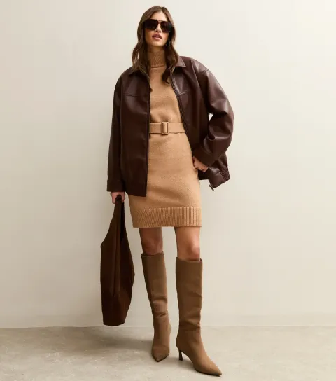 Camel High Neck Belted Mini Dress