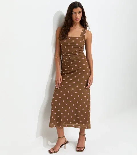 Brown Spot Print Square Neck Mesh Midi Dress
