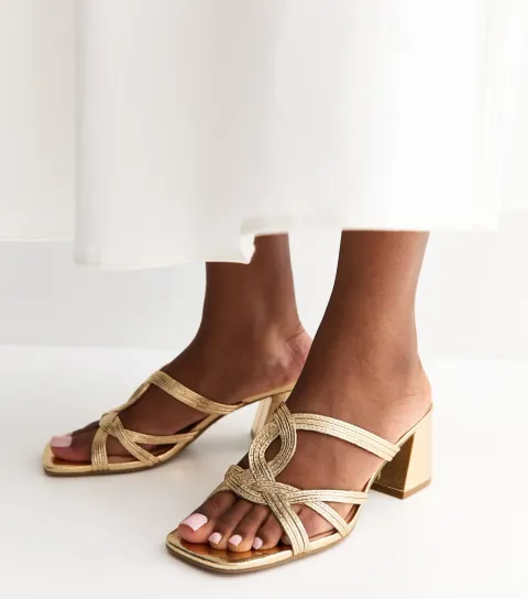 Gold Faux Leather Interwoven Block Heel Mules Vegan