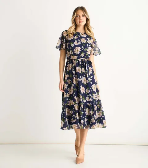 Navy Fit And Flare Floral Midi Dress