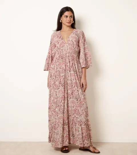 Pink Printed V-Neck Midi Dress
