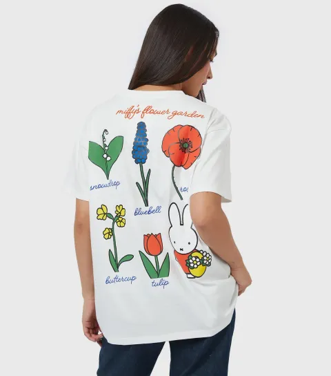White Miffy Flower Garden Print T-Shirt