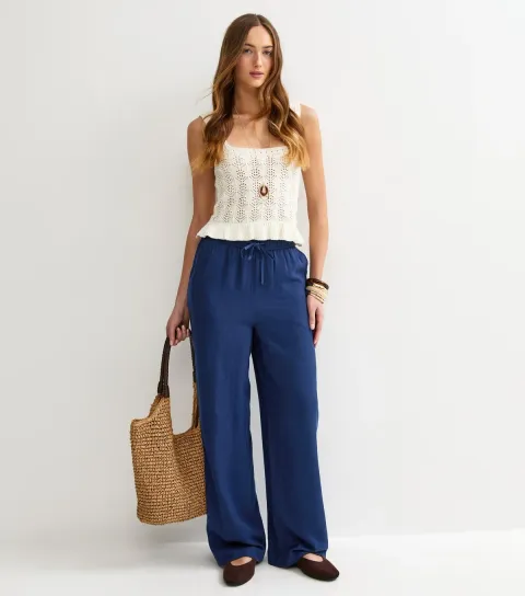 Tall Navy Linen Look Wide Leg Trousers