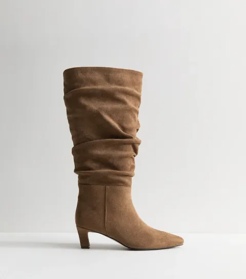 Camel Faux Suede Ruched Knee High Boots Vegan