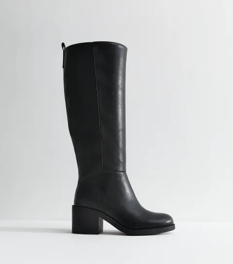 Black Panelled Faux Leather Knee High Boots