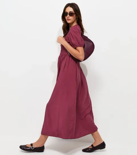 Dark Burgundy Shirred Body Short Sleeve Midi Dress