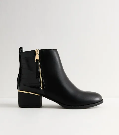 Black Faux Leather Block Heel Ankle Boots Vegan
