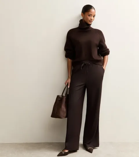 Dark Brown Textured Wide Leg Trousers