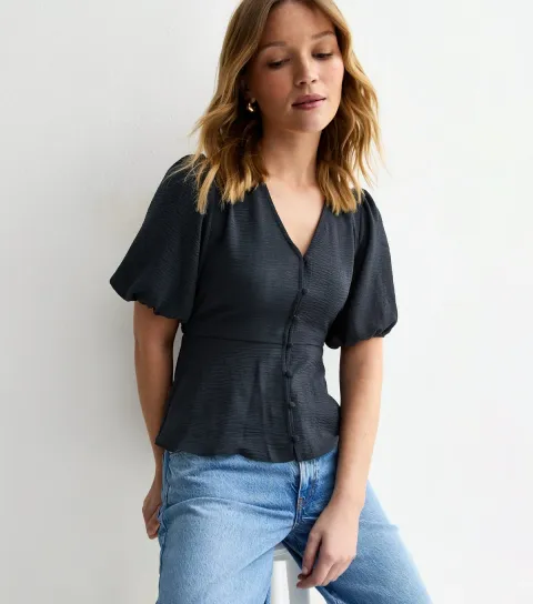 Navy Buttoned Puff Sleeve Tea Blouse