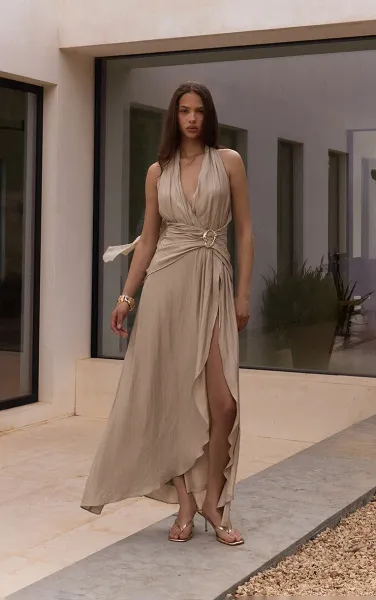 Cream Textured Plunge Trim Detail Maxi Dress