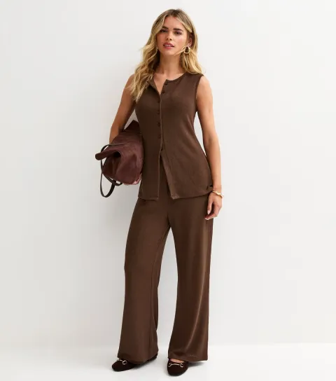 Petite Brown Textured Wide Leg Trousers