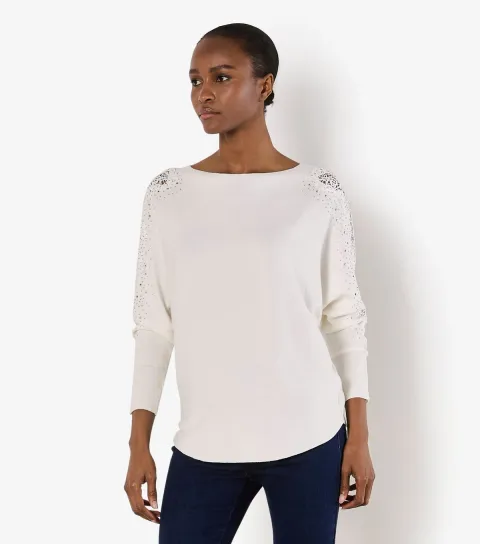 White Lace Stud Arm Batwing Jumper