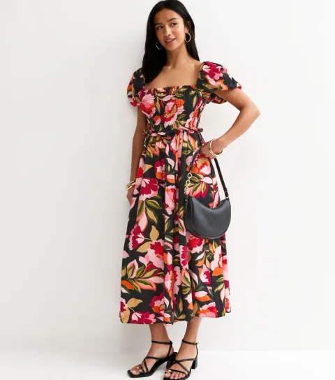 Petite Black Floral Print Shirrd Milkmaid Midi Dress