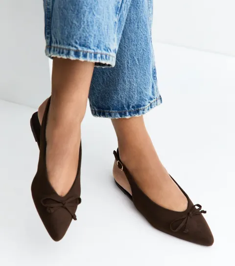 Brown Faux Suede Top Bow Pointed Slingback Pumps Vegan