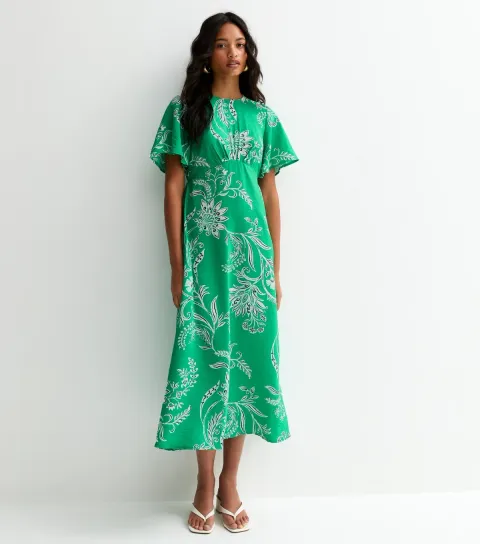 Green Floral Baroque Flutter Sleeve Midi Dress
