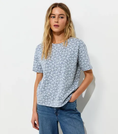 Blue Cotton Floral Print Easy T-Shirt