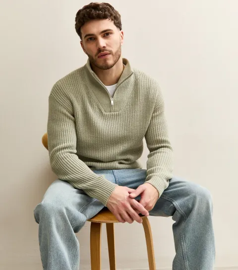 Mint Green Regular Quarter Zip Funnel Neck Jumper