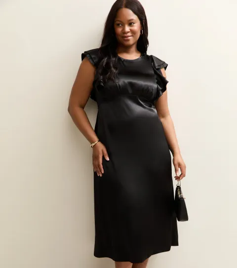 Plus Size Black Satin Ruffled Sleeve Midi Dress Curves