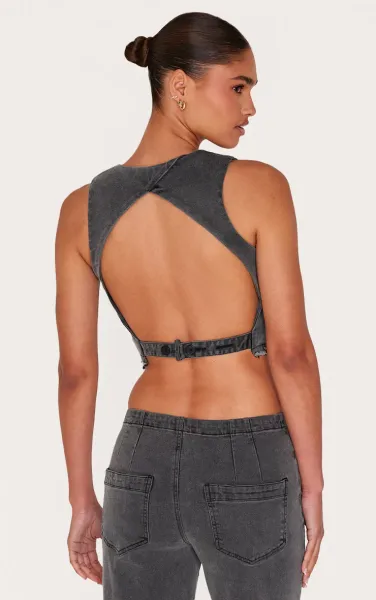 Washed Black Raw Hem Cut Out Back Denim Waistcoat