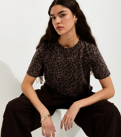 Brown Cotton Leopard Print Easy T-Shirt