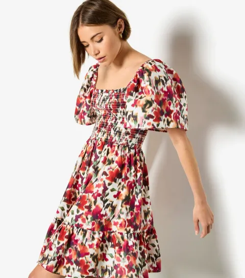 Red Floral Puff Sleeve Mini Dress