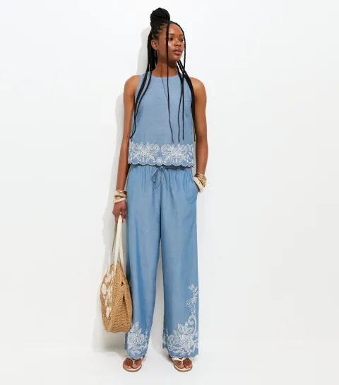 Light Blue Chambray Embroidered Hem Wide Leg Trousers
