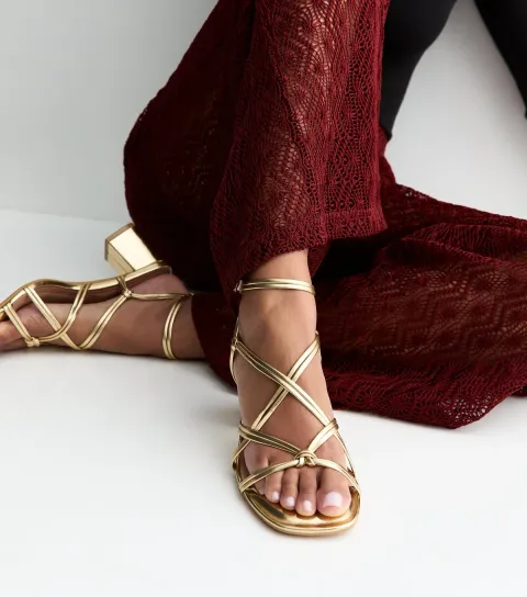 Wide Fit Gold Faux Leather Strappy Block Heel Sandals Vegan