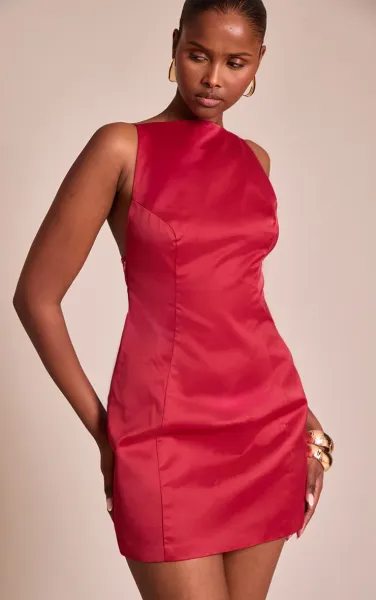 Red Satin Boat Neck Bodycon Mini Dress