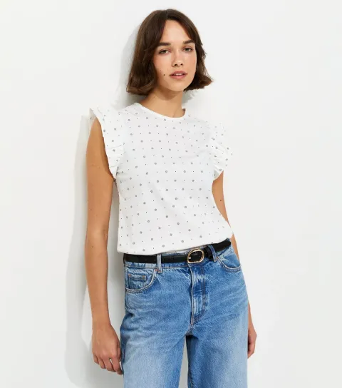 White Cotton Daisy Print Ruffled Sleeve T-Shirt