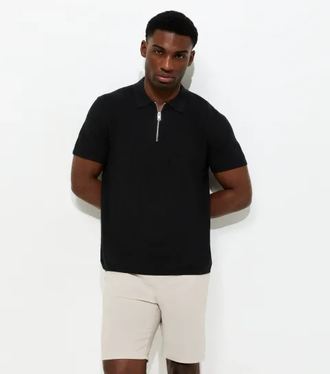 Black Regular Knit Quarter Zip Polo Shirt