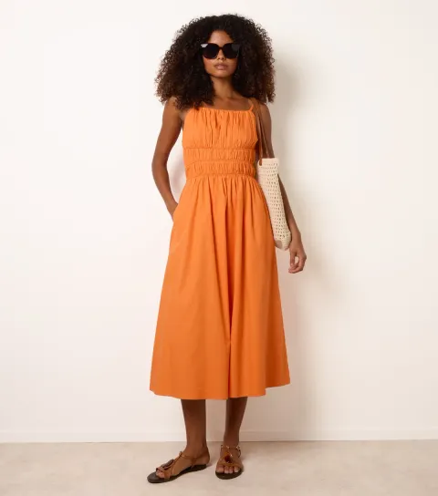 Bright Orange Ruched Bust Strappy Midi Dress