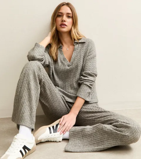 Mid Grey Soft Touch Cable Knit Flared Trousers