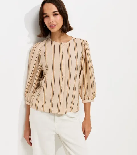 Cream Crinkle Texture Striped Button Front Blouse